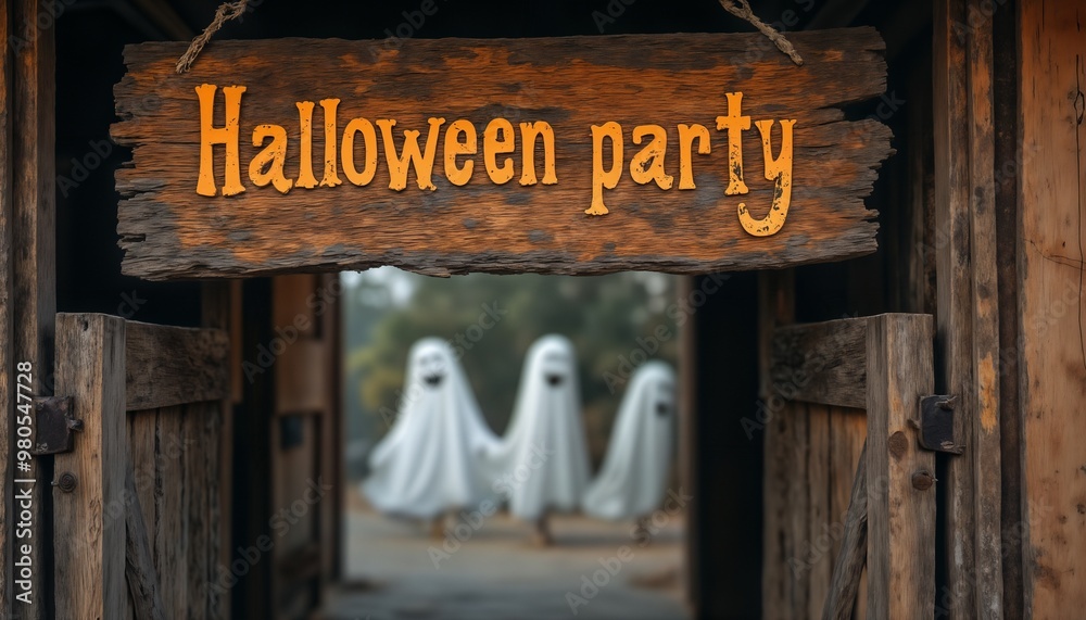 Fototapeta premium Halloween party banner above the entrance where ghosts celebrate and have fun, vintage style wooden board inscription, old wooden boards, rural style