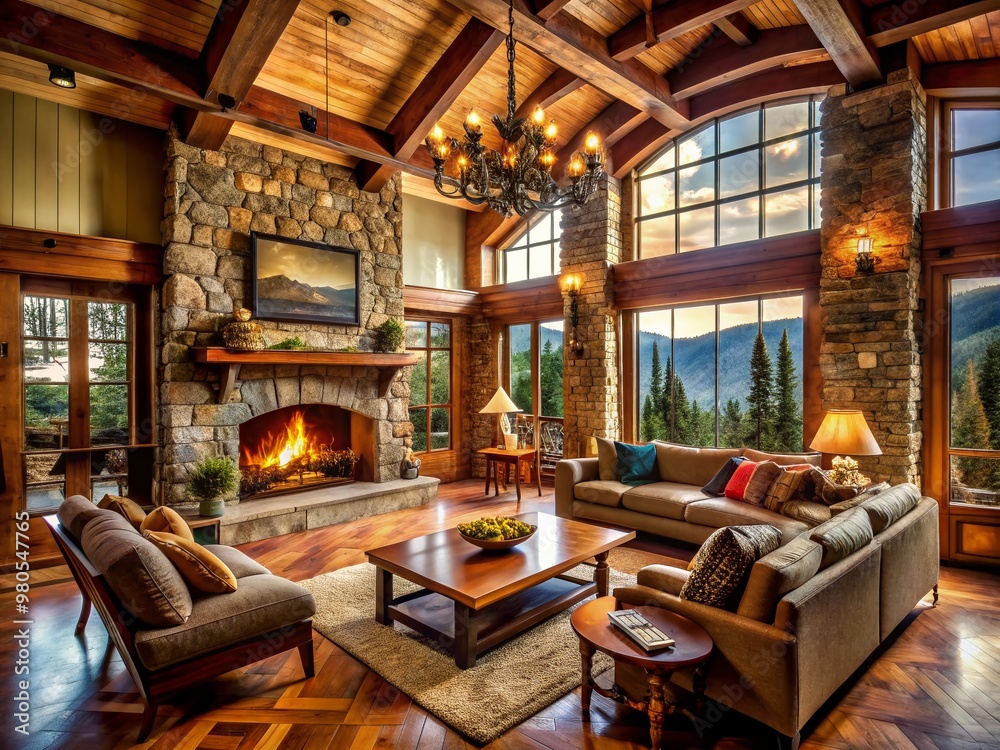 Warm and inviting mountain cabin living room featuring a majestic stone fireplace, wooden beams, plush furniture, and rustic decorations, surrounded by serene wilderness ambiance. Warm and inviting mountain cabin living room featuring a majestic stone fireplace, wooden beams, plush furniture, and rustic decorations, surrounded by serene wilderness ambiance.