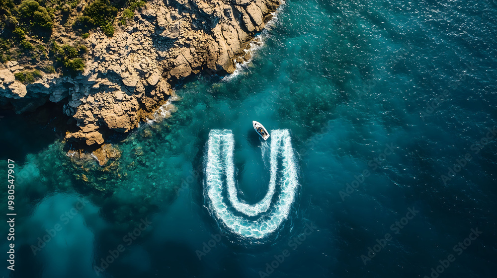 Aerial View of a Jet Ski Creating the Letter U on the Turquoise Sea Near a Rocky Island, Captured from a Bird's-Eye Perspective, Perfect for Summer Vacation Concepts with High-Resolution Clarity and P Aerial View of a Jet Ski Creating the Letter U on the Turquoise Sea Near a Rocky Island, Captured from a Bird's-Eye Perspective, Perfect for Summer Vacation Concepts with High-Resolution Clarity and P