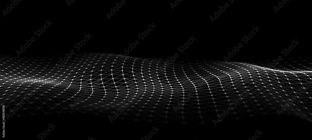 Dynamic wave of abstract intertwining dots and lines in space. 3D rendering. Dynamic wave of abstract intertwining dots and lines in space. 3D rendering.