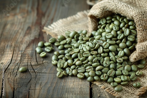 Green coffee beans spilling out of a burlap sack onto a wooden table.