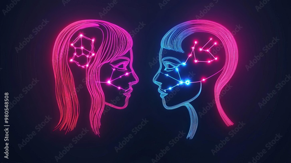 Neon zodiac match, futuristic astrology display, cosmic compatibility Neon zodiac match, futuristic astrology display, cosmic compatibility