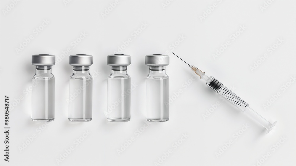 Five bottles of vaccine and a syringe rest on a white surface Five bottles of vaccine and a syringe rest on a white surface