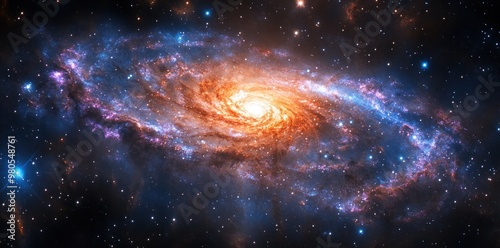 A Spiraling Galaxy with Bright Orange Core and Scattered Stars photo