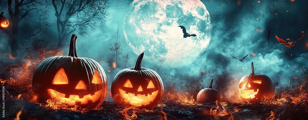 Halloween pumpkins and burning jack-o'-lanterns in a spooky forest with a full moon background Halloween pumpkins and burning jack-o'-lanterns in a spooky forest with a full moon background