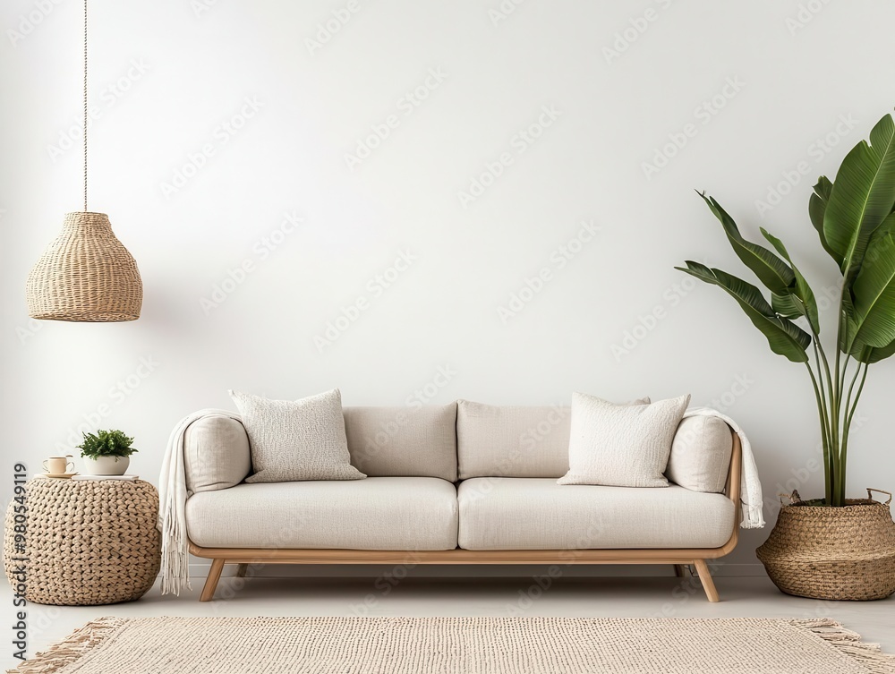 Spacious minimalist living room with neutral furniture, organic wool rug, and large indoor plant, open space, organic decor Spacious minimalist living room with neutral furniture, organic wool rug, and large indoor plant, open space, organic decor