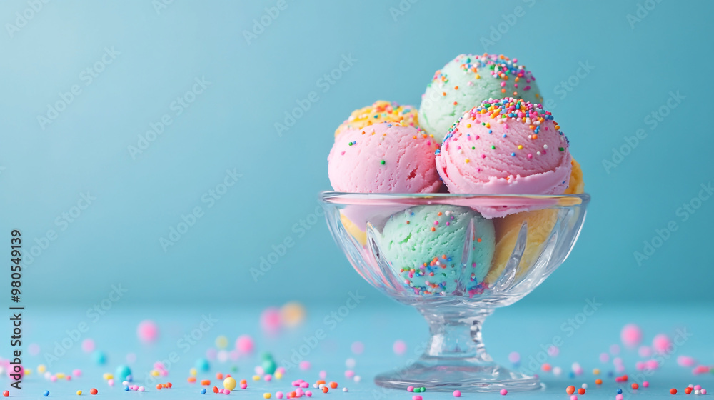 Colorful ice cream scoops served in a glass bowl with sprinkles on a pastel background Colorful ice cream scoops served in a glass bowl with sprinkles on a pastel background