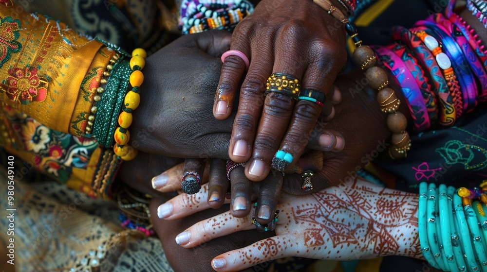 A close-up of intertwined fingers from different people, each wearing unique cultural jewelry, symbolizing belonging through cultural diversity. A close-up of intertwined fingers from different people, each wearing unique cultural jewelry, symbolizing belonging through cultural diversity.