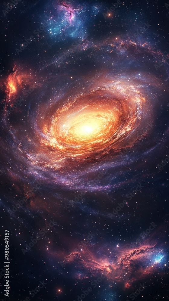 A vibrant spiral galaxy with a bright core surrounded by nebulae and stars. A vibrant spiral galaxy with a bright core surrounded by nebulae and stars.