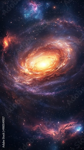 A vibrant spiral galaxy with a bright core surrounded by nebulae and stars. photo