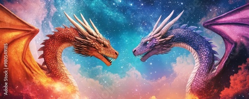 Two dragons representing opposing zodiac signs, cosmic sky, 3D illustration