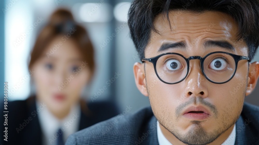 A man in glasses and suit with a woman behind him, AI A man in glasses and suit with a woman behind him, AI