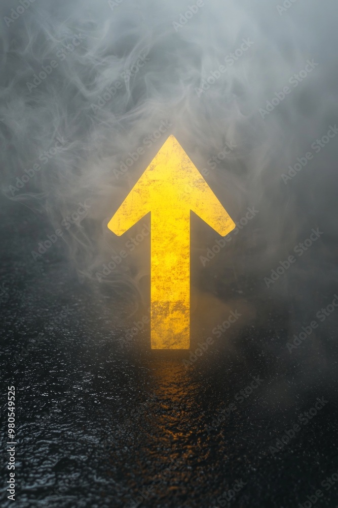 Fototapeta premium A bright yellow arrow icon cutting through a grey fog, symbolizing clarity in confusion.
