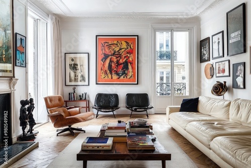Vintage and modern blend within a Paris apartment featuring bright interiors and framed art.