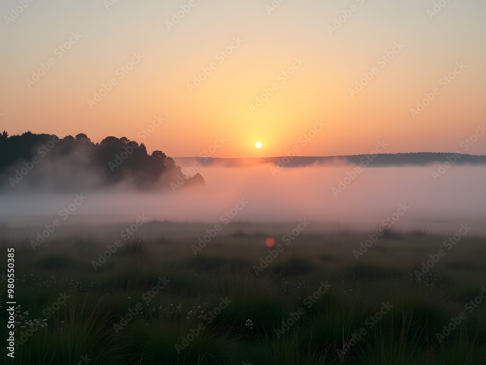 Fototapeta premium Breathtaking Dawn Landscape with Serene Tranquility, Golden Sun Rising on Horizon, Beautiful Contrast of Warm Glow and Cool Morning Fog, Ethereal Mist Over Grassy Field, Peaceful Natural Scenery