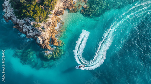 Aerial View of a Jet Ski Creating the Letter U on the Turquoise Sea Near a Rocky Island, Captured from a Bird's-Eye Perspective, Perfect for Summer Vacation Concepts with High-Resolution Clarity and P