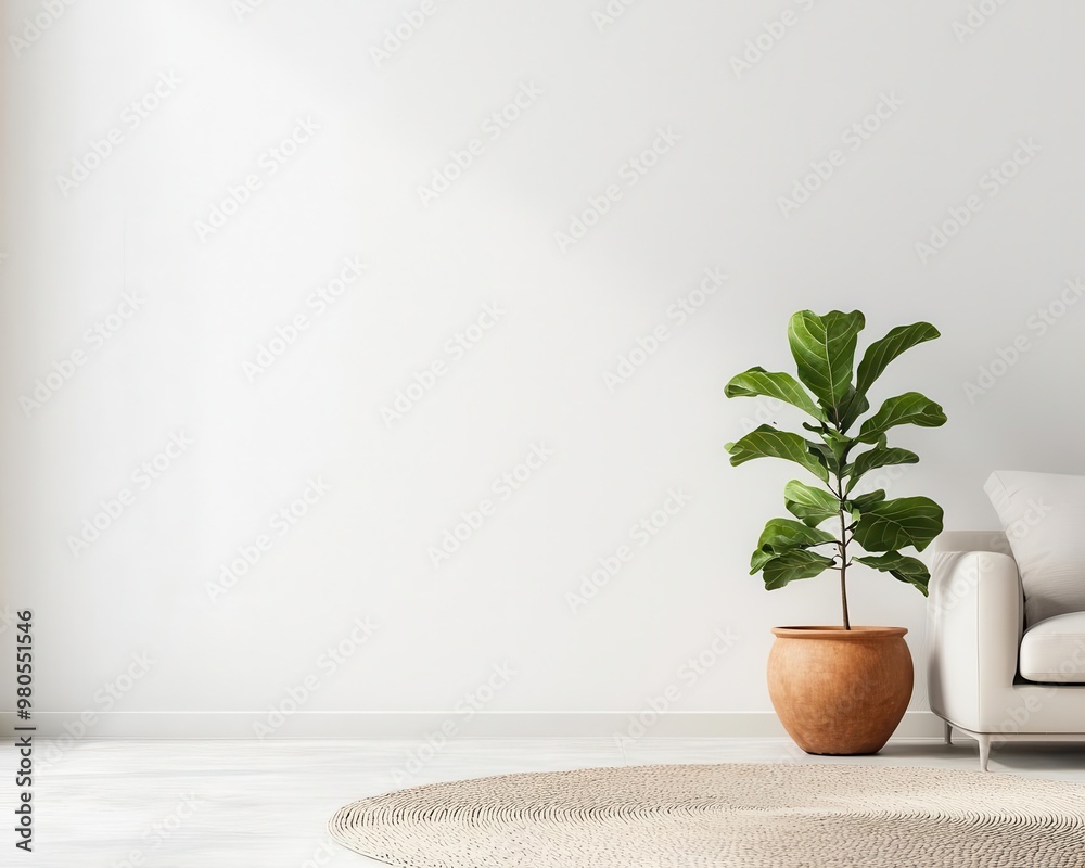 Simple living room with sleek furniture, a large plant in a terracotta pot, and natural light streaming through, organic decor, minimalist space Simple living room with sleek furniture, a large plant in a terracotta pot, and natural light streaming through, organic decor, minimalist space