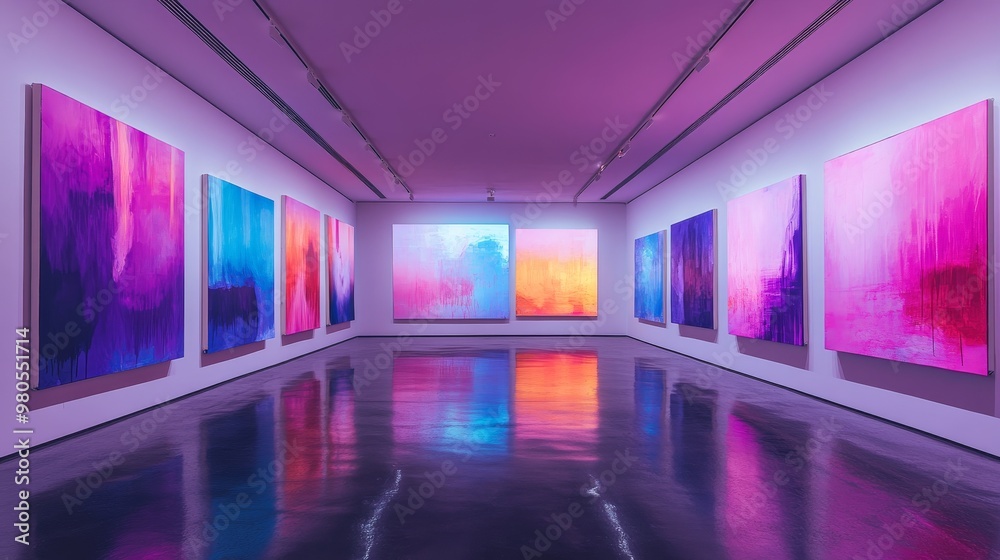 Abstract paintings in neon colors, arranged in a perfect circle on a sleek white gallery wall, glowing softly under dim purple lighting, futuristic art exhibition Abstract paintings in neon colors, arranged in a perfect circle on a sleek white gallery wall, glowing softly under dim purple lighting, futuristic art exhibition