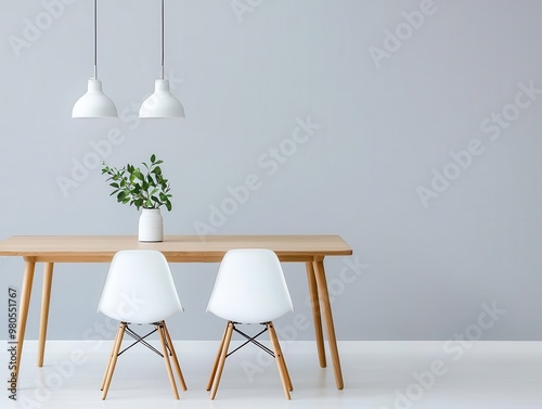 Simple, modern dining space with a light wooden table, organic cotton chairs, and soft natural lighting, minimalist dining, organic materials