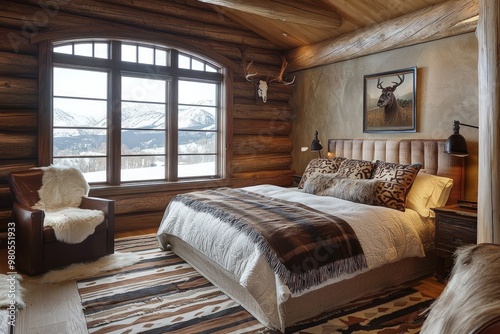 Western-style bedroom with a modern and warm aesthetic. photo