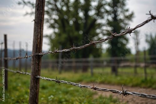 Detailed view of barbed wire along a fence symbolizing photo