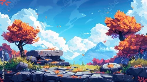 2D video game background. Platform game level and stones autumn nature. fortnite video game style. photo