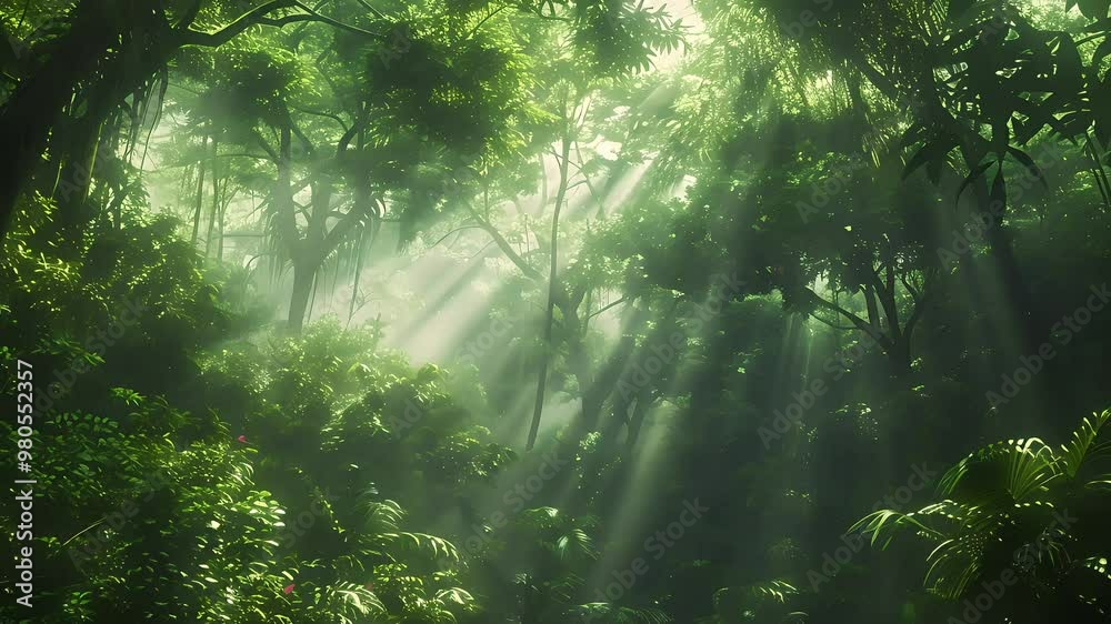 Calm forest landscape with towering trees and shimmering leaves Calm forest landscape with towering trees and shimmering leaves