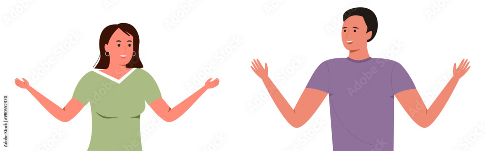 Vector illustration of a man and woman gesturing with hands, appearing to discuss or explain something. Vector illustration of a man and woman gesturing with hands, appearing to discuss or explain something.
