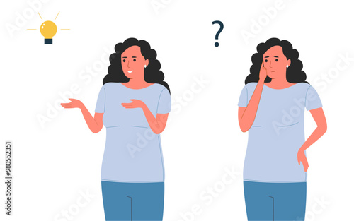 Vector illustration of a woman with different expressions, showing confusion and a moment of realization with a lightbulb symbol.