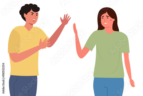 Vector illustration of a man and woman in conflict, with the man gesturing angrily and the woman looking upset.