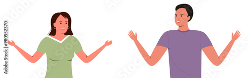 Vector illustration of a man and woman gesturing with hands, appearing to discuss or explain something.