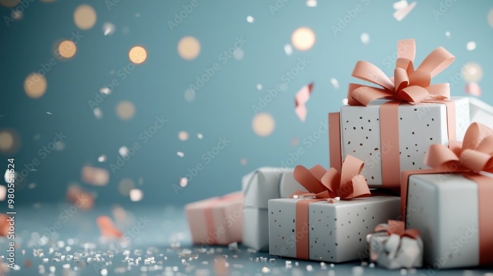 Obraz premium A joyful scene depicting a heap of gift boxes overflowing with abundance, each box adorned with a cheerful bow, conveying a sense of generosity and celebration.