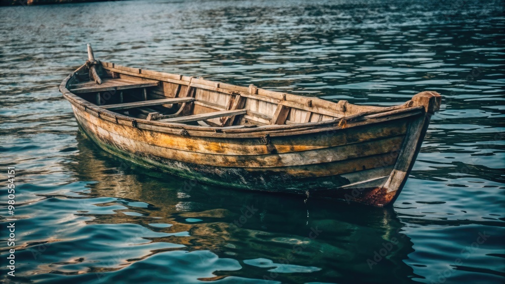 Wooden rowboat gently floating on a calm lake. Wooden rowboat gently floating on a calm lake.
