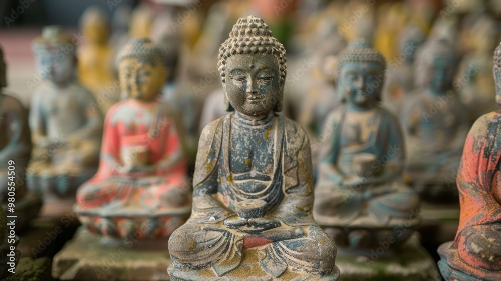 A picture of a group of Buddha statues sitting side by side on a table. A picture of a group of Buddha statues sitting side by side on a table.