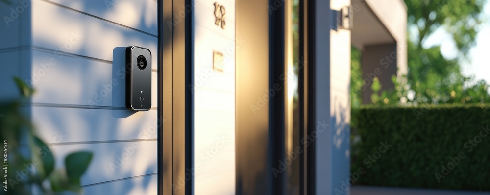 Modern 3D render of a smart doorbell attached to a sleek wooden exterior, showcasing contemporary home technology and security features in a sunny outdoor setting with lush greenery. Modern 3D render of a smart doorbell attached to a sleek wooden exterior, showcasing contemporary home technology and security features in a sunny outdoor setting with lush greenery.