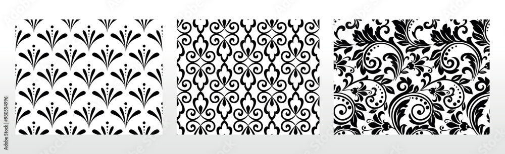 Geometric floral set of seamless patterns. White and black vector backgrounds. Damask graphic ornaments. Geometric floral set of seamless patterns. White and black vector backgrounds. Damask graphic ornaments.