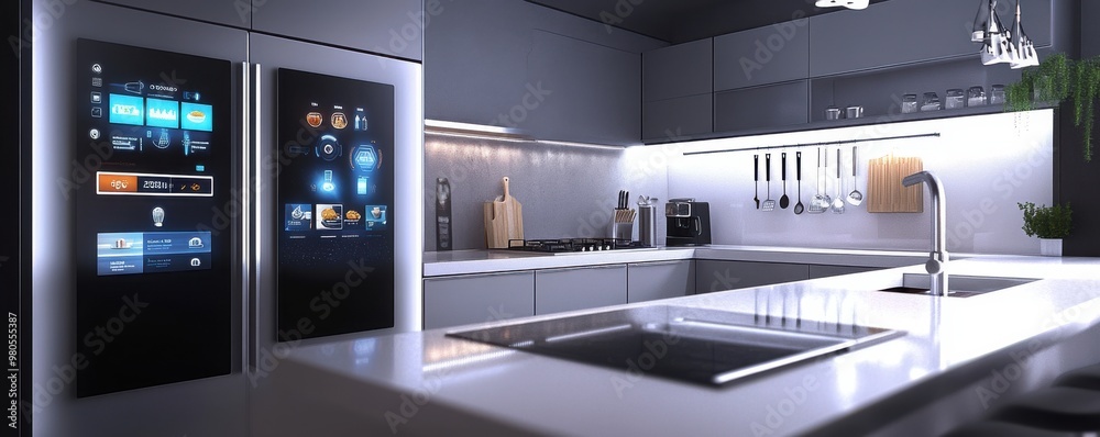Modern 3D rendering of a sleek smart kitchen with advanced appliances and minimalist design, featuring a touch-screen refrigerator and stylish cabinetry for a contemporary home cooking space. Modern 3D rendering of a sleek smart kitchen with advanced appliances and minimalist design, featuring a touch-screen refrigerator and stylish cabinetry for a contemporary home cooking space.