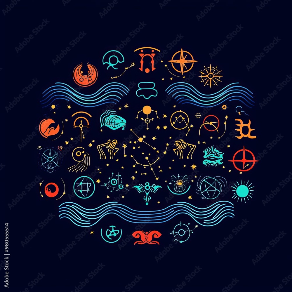 Zodiac symbols surrounded by cosmic waves, representing the ebb and flow of astrological relationships