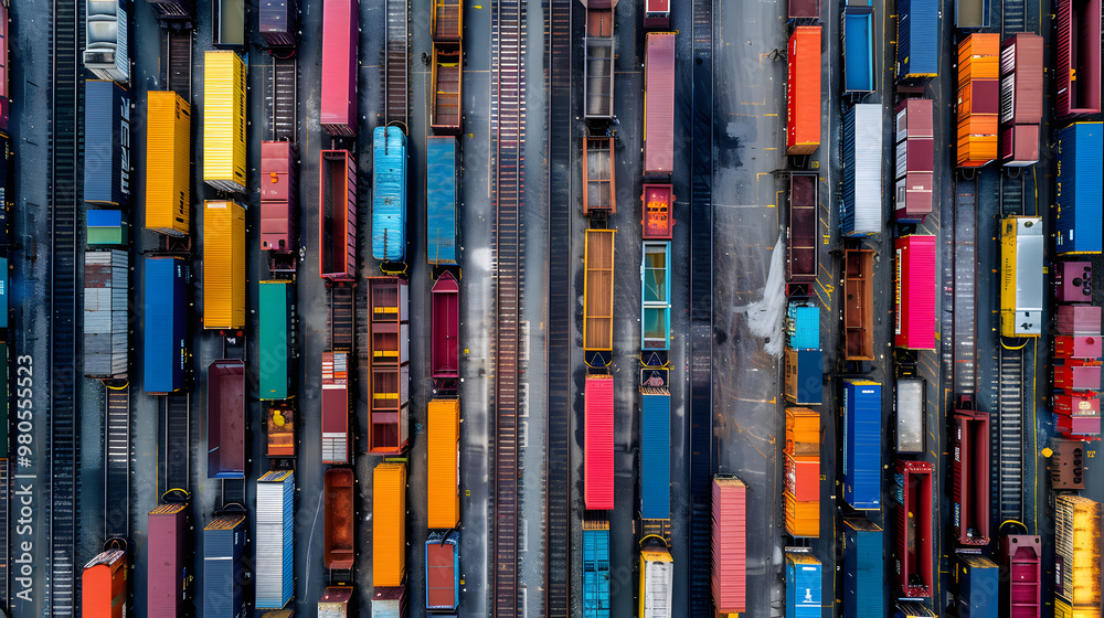 Obraz premium Railway freight station or junction, trains and wagons, top view. AI Generated