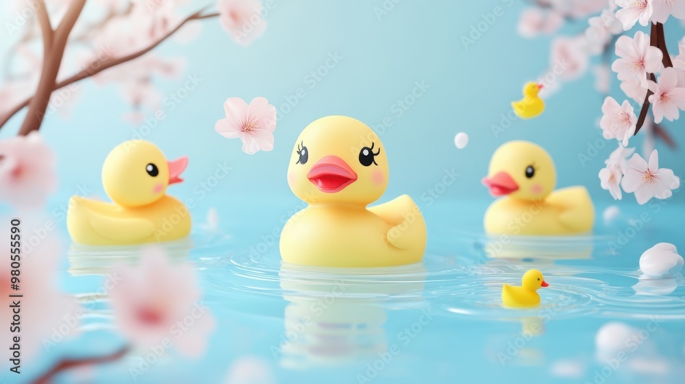 Yellow rubber duck in the bathtub with rubber duck toys in bathroom and cherry blossom in onsen,Bathtub full of foam with bubbles,relaxing in water,Vector illustration. Yellow rubber duck in the bathtub with rubber duck toys in bathroom and cherry blossom in onsen,Bathtub full of foam with bubbles,relaxing in water,Vector illustration.