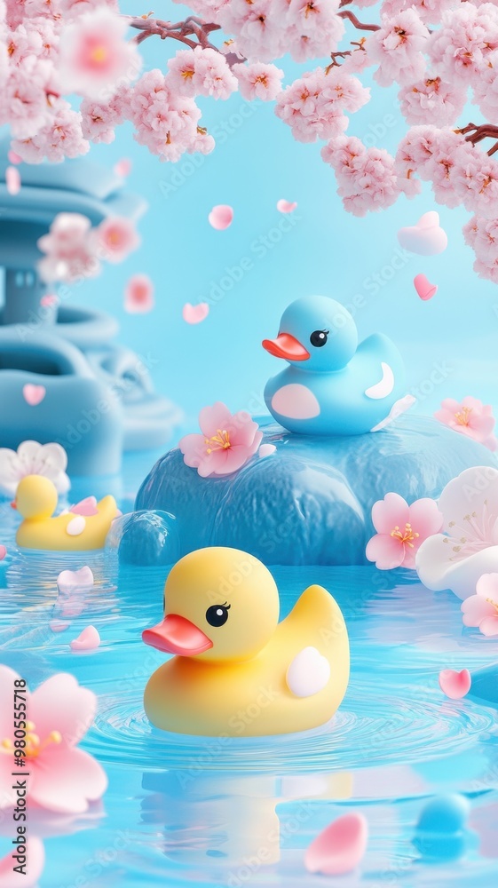 Yellow rubber duck in the bathtub with rubber duck toys in bathroom and cherry blossom in onsen,Bathtub full of foam with bubbles,relaxing in water,Vector illustration.