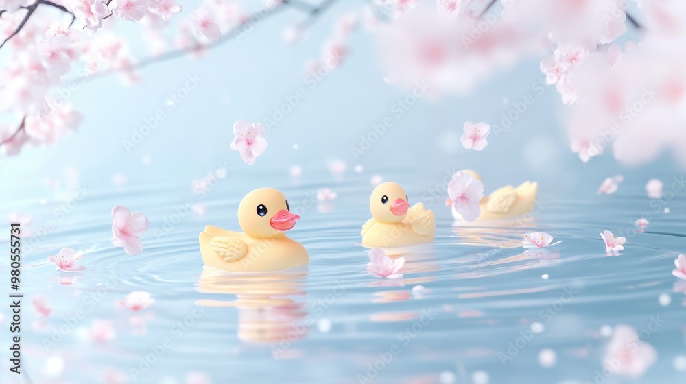 Yellow rubber duck in the bathtub with rubber duck toys in bathroom and cherry blossom in onsen,Bathtub full of foam with bubbles,relaxing in water,Vector illustration. Yellow rubber duck in the bathtub with rubber duck toys in bathroom and cherry blossom in onsen,Bathtub full of foam with bubbles,relaxing in water,Vector illustration.