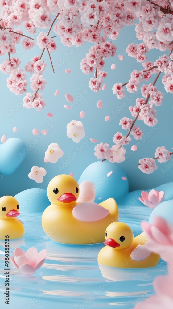 Yellow rubber duck in the bathtub with rubber duck toys in bathroom and cherry blossom in onsen,Bathtub full of foam with bubbles,relaxing in water,Vector illustration. Yellow rubber duck in the bathtub with rubber duck toys in bathroom and cherry blossom in onsen,Bathtub full of foam with bubbles,relaxing in water,Vector illustration.