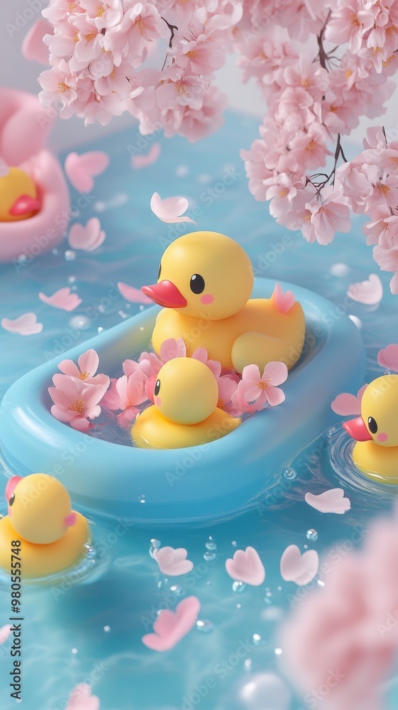 Yellow rubber duck in the bathtub with rubber duck toys in bathroom and cherry blossom in onsen,Bathtub full of foam with bubbles,relaxing in water,Vector illustration. Yellow rubber duck in the bathtub with rubber duck toys in bathroom and cherry blossom in onsen,Bathtub full of foam with bubbles,relaxing in water,Vector illustration.