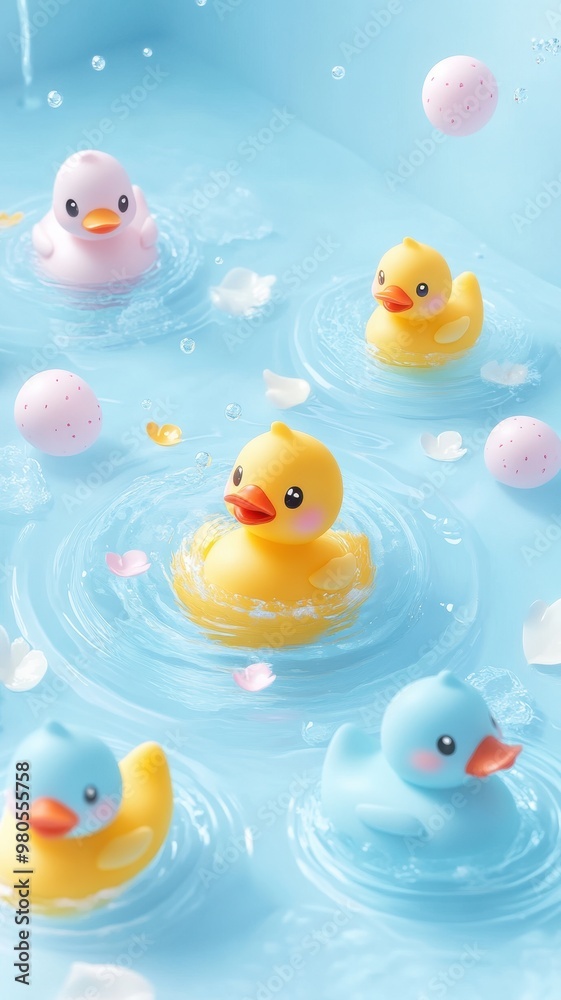 Yellow rubber duck in the bathtub with rubber duck toys in bathroom and cherry blossom in onsen,Bathtub full of foam with bubbles,relaxing in water,Vector illustration.