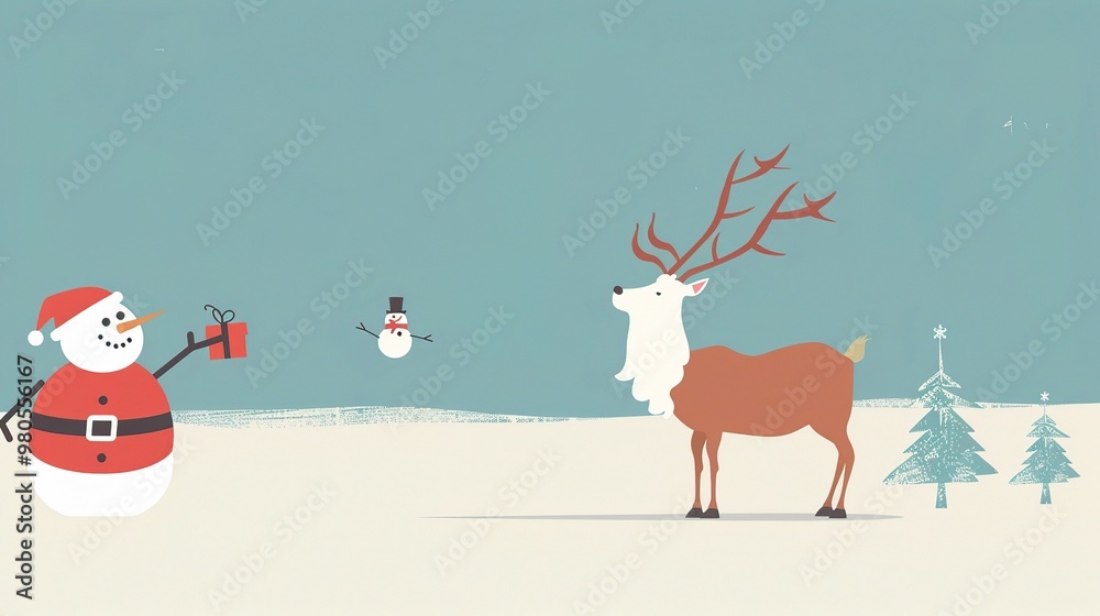 A minimalist background showcases Santa's elk and a snowman. The elk stands with grace, its antlers reaching upwards. The snowman is crafted with care, with a carrot nose and coal eyes A minimalist background showcases Santa's elk and a snowman. The elk stands with grace, its antlers reaching upwards. The snowman is crafted with care, with a carrot nose and coal eyes