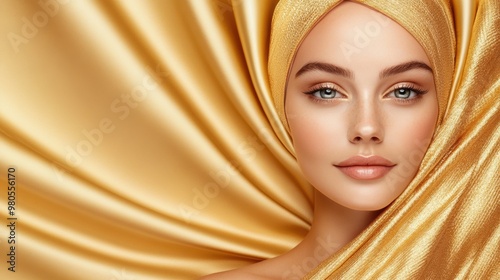 A woman with a gold scarf on her head, AI