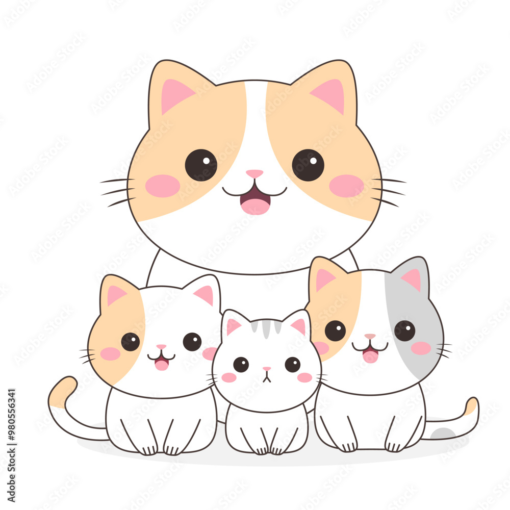 Cute cat family set. Four kittens. Mother and babies. Funny face. Contour line doodle. Orange, white, gray colors. Cartoon kawaii character. Sticker. Childish style Flat design White background Vector Cute cat family set. Four kittens. Mother and babies. Funny face. Contour line doodle. Orange, white, gray colors. Cartoon kawaii character. Sticker. Childish style Flat design White background Vector