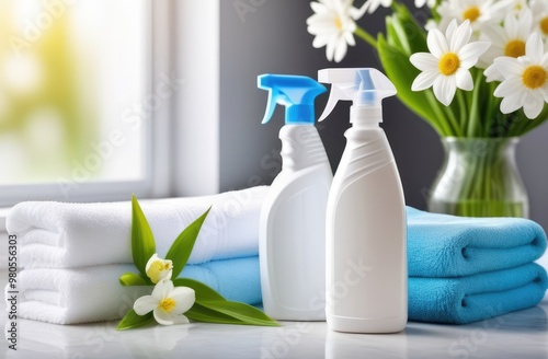 mockup of white bottles with cleaning products or cosmetic. Cleaning service concept. freshness and cleanliness in the bathroom 