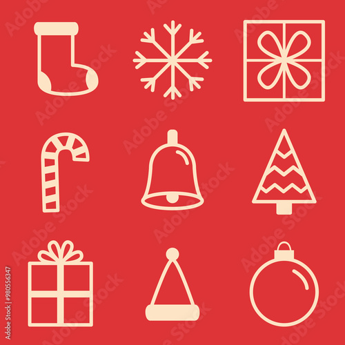 Sock, snow flake, gift box bow, candy cane, ring bell, Christmas fir tree, Santa Claus hat, ball toy. Holiday sign symbol. Christmas white line icon set. Outline Xmas icons on red. Flat design. Vector